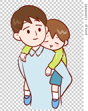寝ている子どもをおんぶしている父親 118940690