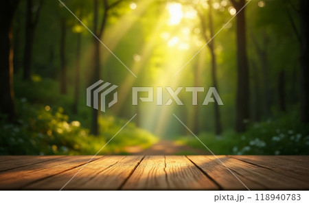 A wooden table in the middle of a forest with sunlight shining through the trees 118940783