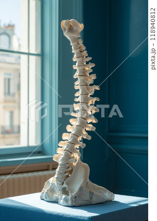 A model of a human spine sitting on a table in front of a window 118940812