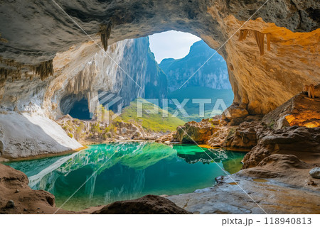 A cave with a pool of water inside of it 118940813