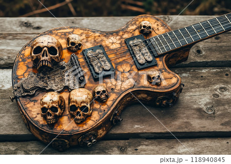 A guitar with skulls on top of it sitting on a wooden bench 118940845