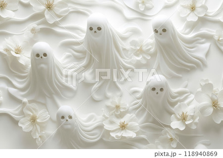 A group of white ghosts surrounded by white flowers 118940869