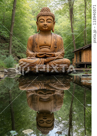 A large wooden buddha statue sitting on top of a pond in a forest 118940871