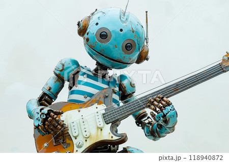 A blue robot playing a guitar on top of a building 118940872