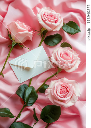 A white envelope and three pink roses on a pink satin background 118940873