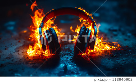A pair of headphones sitting on top of a fire 118940902
