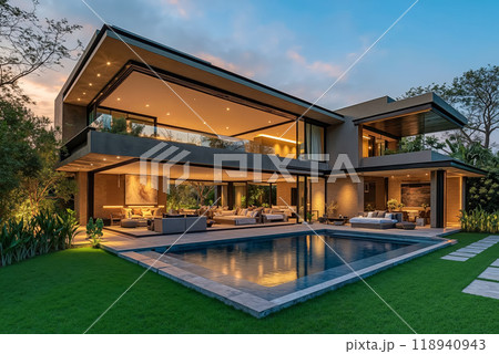 A modern house with a swimming pool in the backyard A modern house with a swimming pool in the backyard 118940943