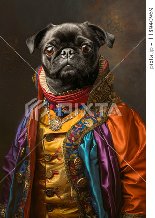 A pug dog in a fancy outfit 118940969
