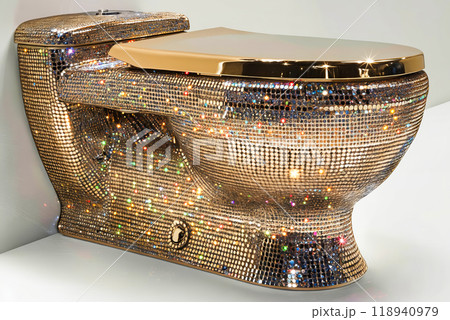 A toilet with gold and silver glitter on it 118940979
