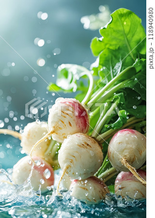 Radishes in water with green leaves 118940980