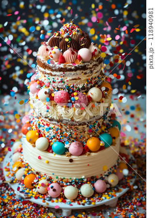 A three tiered cake with sprinkles and candies on top of it 118940981