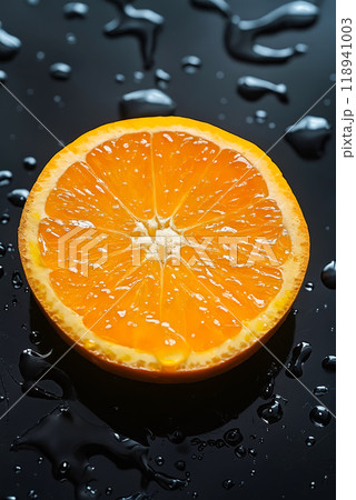A half of an orange with water droplets on a black surface A half of an orange with water droplets on a black surface 118941003