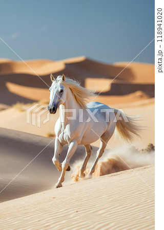 A white horse running in the sand dunes in the desert 118941020