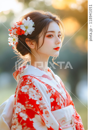 A woman in a red and white kimono with a flower in her hair 118941051