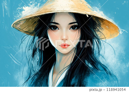 A woman with long black hair wearing a straw hat 118941054