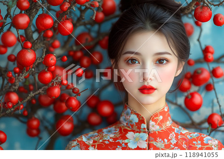 A woman in a red dress standing in front of a tree with red berries 118941055