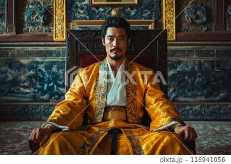 A man in a yellow robe sitting on a throne 118941056