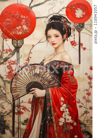 A painting of a woman in a red and black dress holding a fan 118941057
