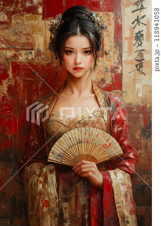 A painting of a woman holding a fan in her hand 118941058