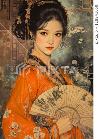 A painting of a woman in an orange kimono holding a fan 118941059