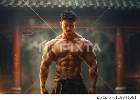 A shirtless man standing in the rain in front of a building 118941061