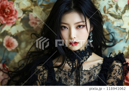 A woman with long black hair wearing a black dress 118941062