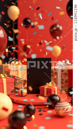 Festive Gift Boxes with Balloons and Confetti 118941196