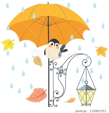 Autumn mood. Rain, lantern, bird under an umbrella, autumn leaves. Autumn collection. Autumn mood. Rain, lantern, bird under an umbrella, autumn leaves. Autumn collection. 118941351