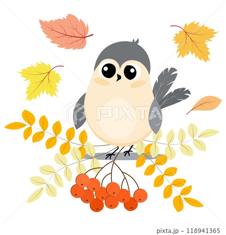 Autumn mood. Bird and leaves and rowan berries. Autumn collection. 118941365