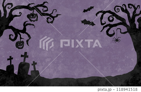 切り絵風のハロウィンイメージのシルエットイラストの背景素材 紫色 切り絵風のハロウィンイメージのシルエットイラストの背景素材 紫色 118941518