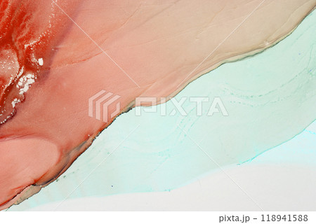 Abstract watercolor artwork featuring soft coral and teal hues blending smoothly on a textured paper background 118941588