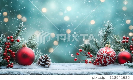 Festive Christmas Tree Branch with Red Ornaments and Pinecones in Snowy Winter Scene_3 118941626