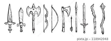 RPG weapon icon set, vector fantasy game sword collection, dungeon dragon battle attack object kit. RPG weapon icon set, vector fantasy game sword collection, dungeon dragon battle attack object kit. 118942048