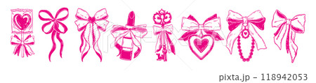 Pink ribbon bow icon set, vector hand drawn coquettish girly knot, romantic female accessories key. 118942053