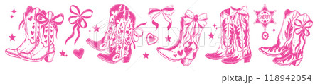Cowgirl boots set, vector coquettish Texas ranch shoes, western girly pink fashion, cute ribbon bow. 118942054