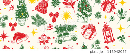 Christmas seamless pattern, winter holiday texture, vector needles vintage New Year wrapping paper.  118942055