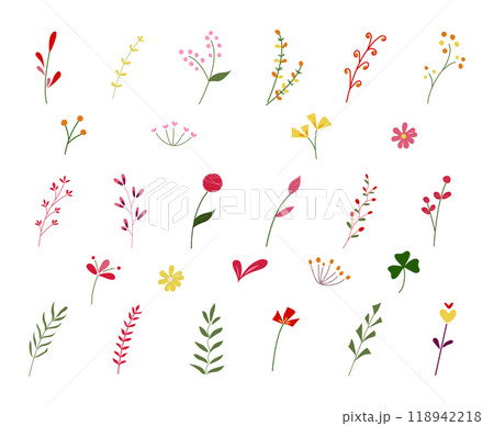 A set of colorful plant icons.  Featuring various types of plants, and flowers in a simple, flat style on a white background. 118942218