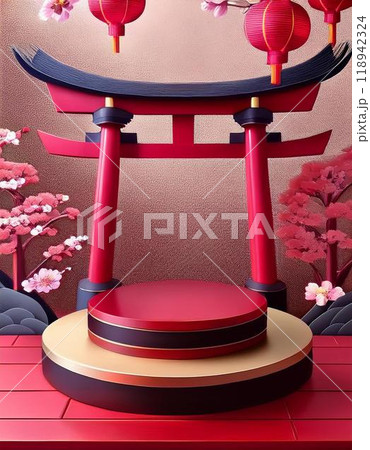 japanese red gate with 3d podium and sakura 118942324