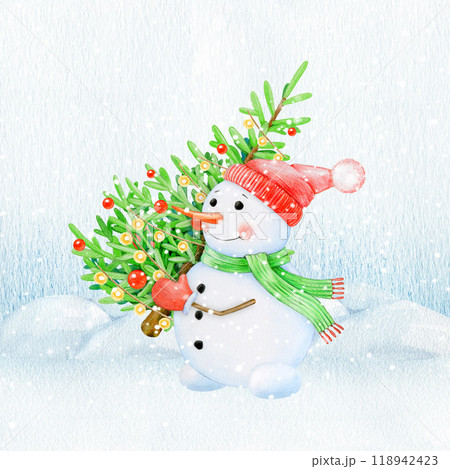 Funny snowman with decorated fir tree on a snowy ground during snowfall. Painted vintage style illustration. Smiling snowman holding decorated fir tree. Traditional winter season decoration 118942423