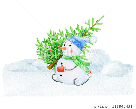 Funny snowman on skates with fir tree on snowy ground. Vintage style illustration. Hand drawn smiling snowman skating on ice holding fir tree. Traditional winter season snow decor on white background 118942431