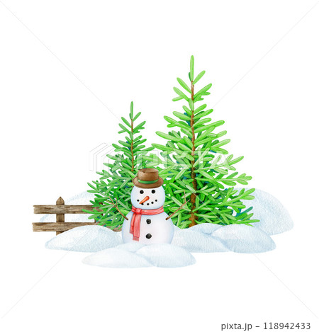 Cute funny snowman on snowy ground with Christmas tree in winter landscape. Winter season outdoors festive scene. Vintage style illustration. Winter time decor with fir tree, snowman, snow piles 118942433