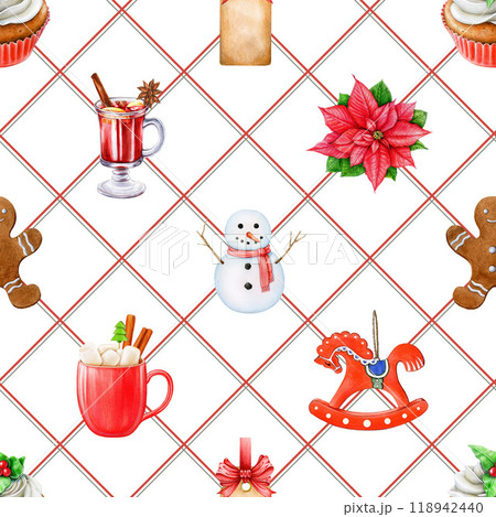 Christmas time decor element seamless pattern. Hand drawn snowman, gingerbread man, winter sweets and treats on white background. Winter vintage style decor traditional elements seamless pattern 118942440