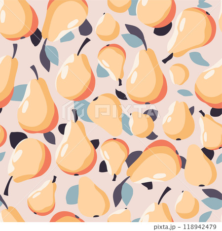 Vector seamless pattern with sweet yellow pears on pastel pink background 118942479