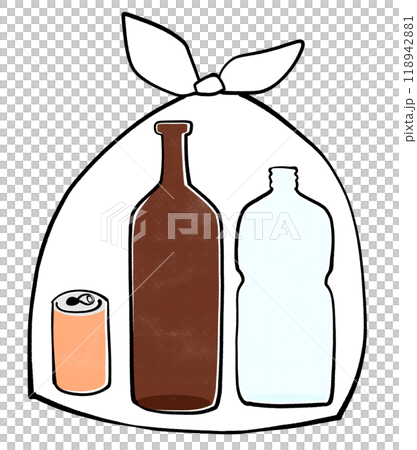 空罐頭、玻璃瓶和塑膠瓶一起放入垃圾袋的插圖 118942881