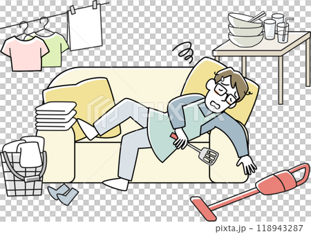 家事に疲れてソファーに倒れこむ男性 118943287