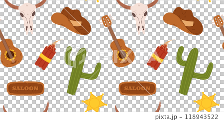 Seamless pattern western elements cowboy hats, cacti, guitars, bull skulls, dynamite sticks, and sheriff badges. Design is perfect for use in textiles, wallpapers, and other Wild West theme Seamless pattern western elements cowboy hats, cacti, guitars, bull skulls, dynamite sticks, and sheriff badges. Design is perfect for use in textiles, wallpapers, and other Wild West theme 118943522