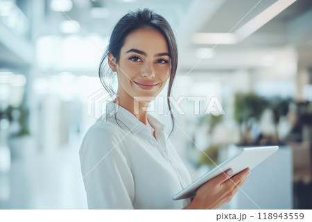 Smiling young professional holding a tablet in a modern office environment, showcasing confidence and digital expertise. 118943559