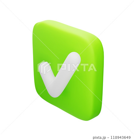 Cute 3d cartoon white check mark on green button isolated on white background. Confirmation or completed task symbol. Data verification or validation for app interfaces, web. 3d vector illustration. 118943649