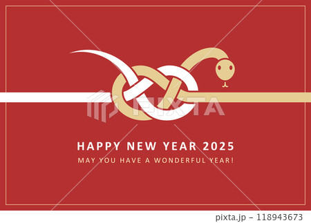 2025年巳年年賀状デザイン　水引風のかわいいヘビ　赤背景 118943673