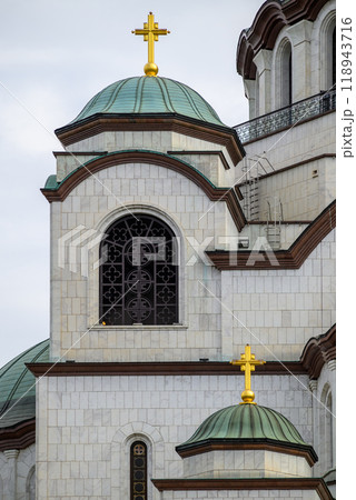 Facade of Saint Sava church, one of the biggest Orthodox Christian churches in the world in Belgrade, Serbia 118943716